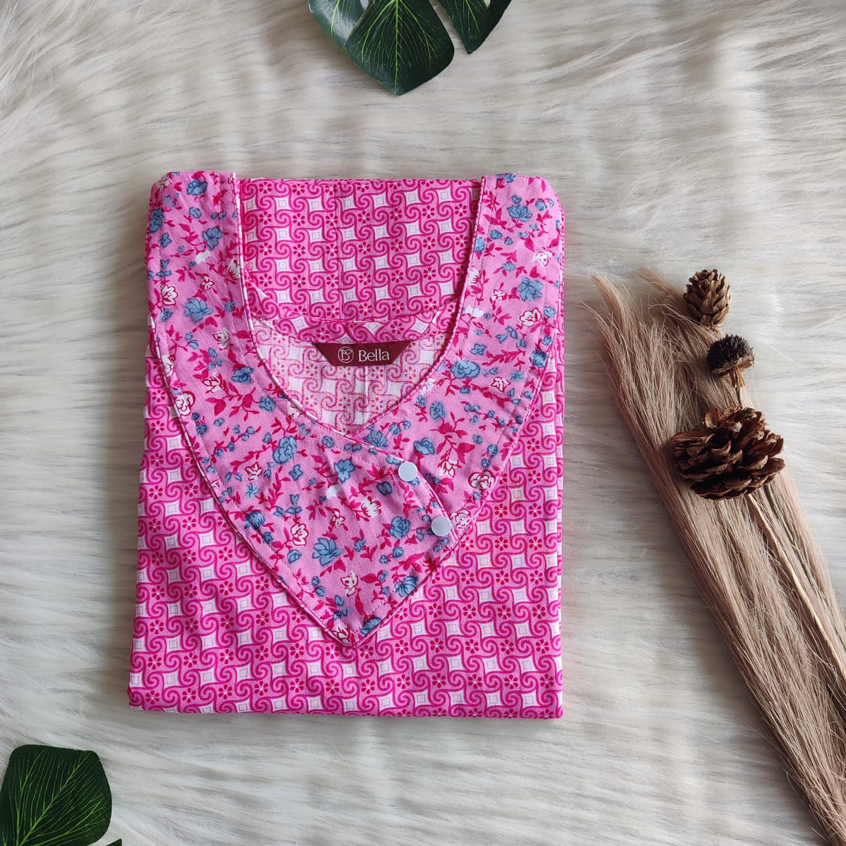 Blue And Pink Printed Premium Cotton Side Button Nighty | Free Size | Chest Width 44″| Length 55″-56″