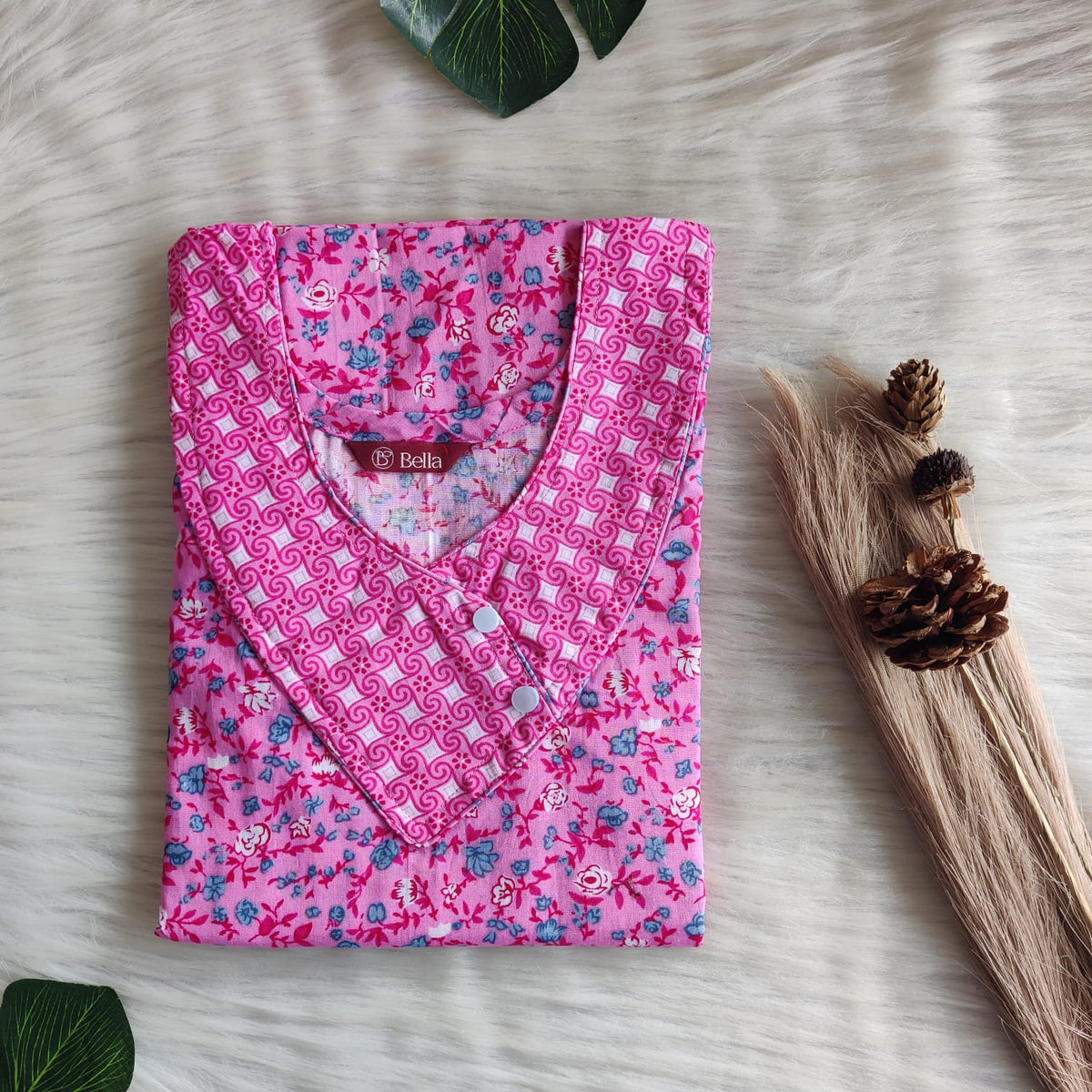 Pink And Blue Floral Printed Premium Cotton Side Button Nighty | Free Size | Chest Width 44″| Length 55″-56″