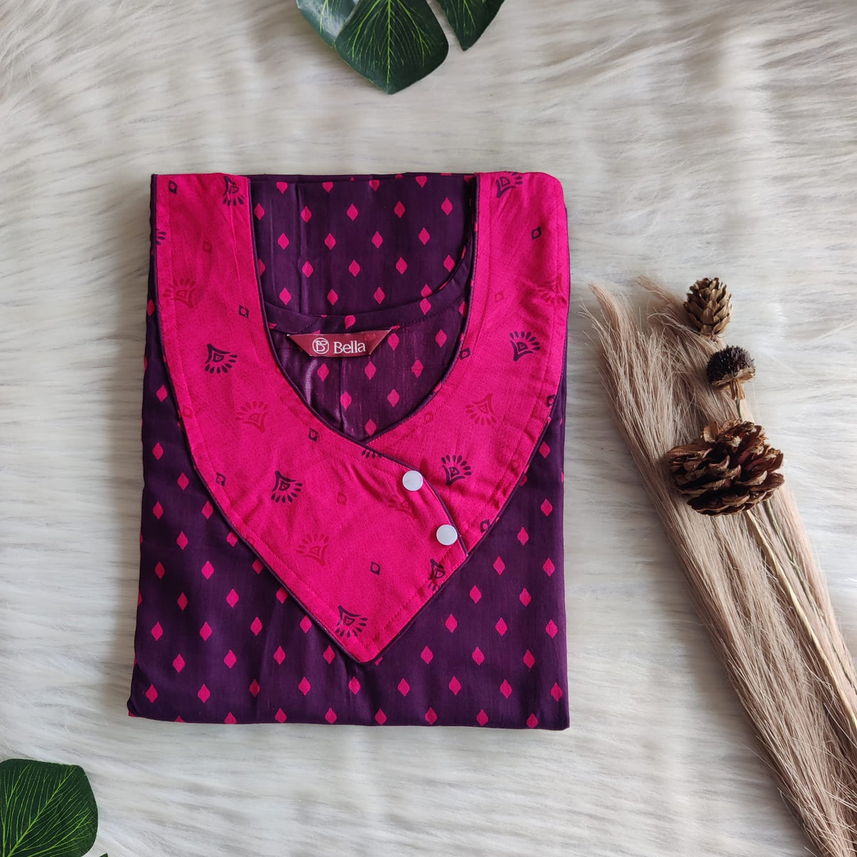Pink And Purple Printed Premium Cotton Side Button Nighty | Free Size | Chest Width 44″| Length 55″-56″