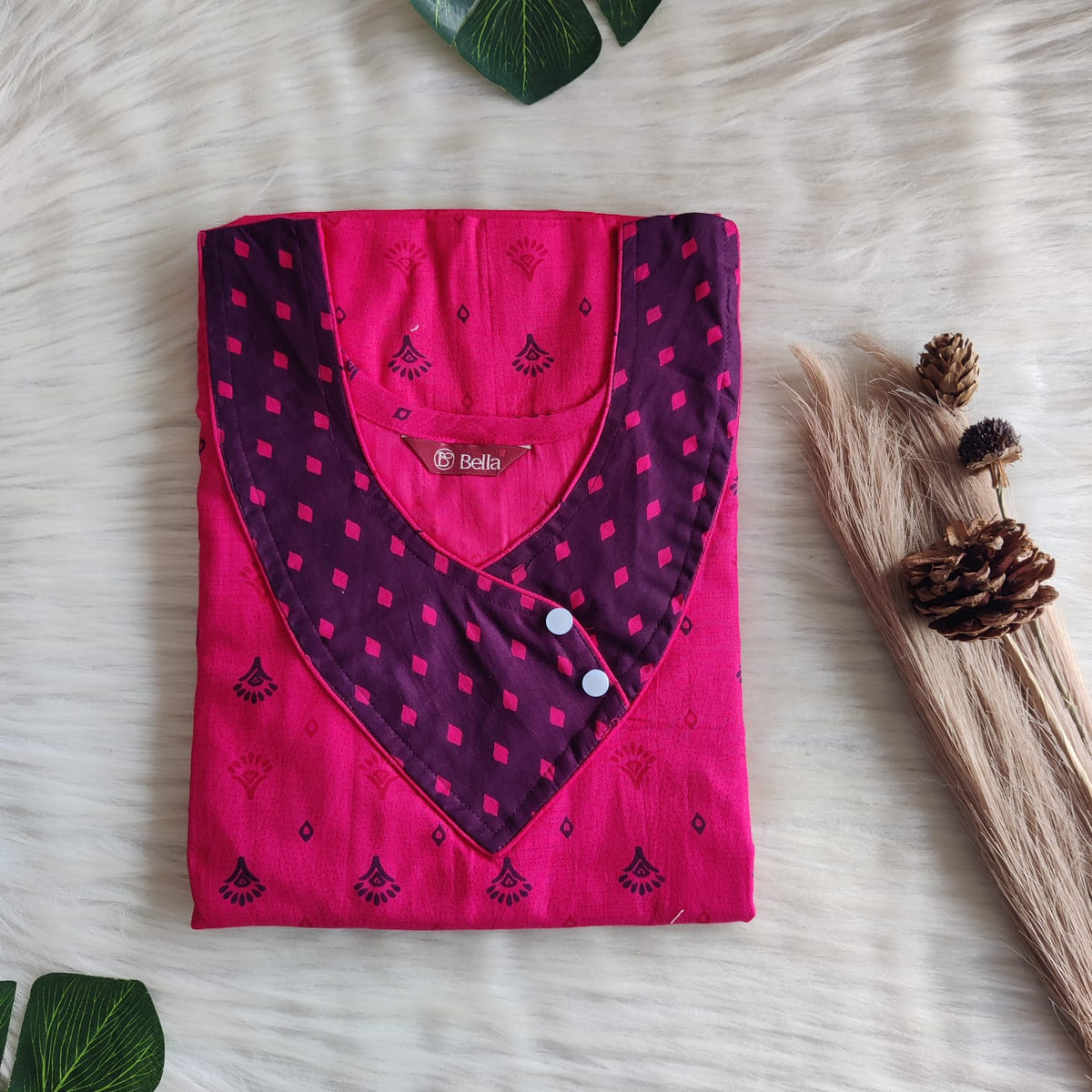 Purple And Pink Printed Premium Cotton Side Button Nighty | Free Size | Chest Width 44″| Length 55″-56″