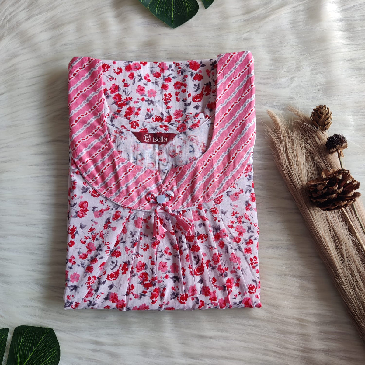 Pink And White Floral Printed Premium Cotton No Zip Pleated Nighty | Free Size | Chest Width 44″| Length 55″-56″