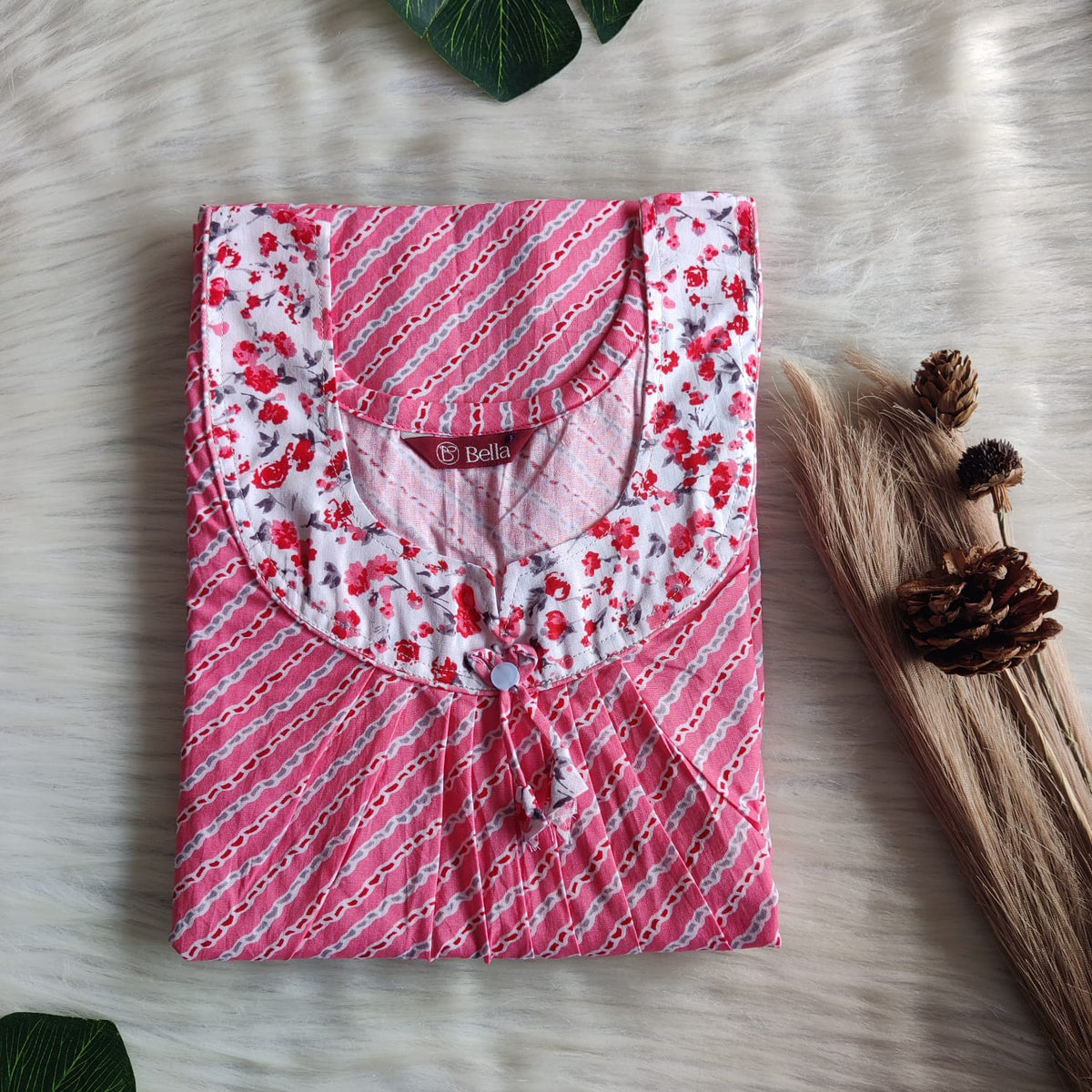 White And Pink Printed Premium Cotton No Zip Pleated Nighty | Free Size | Chest Width 44″| Length 55″-56″