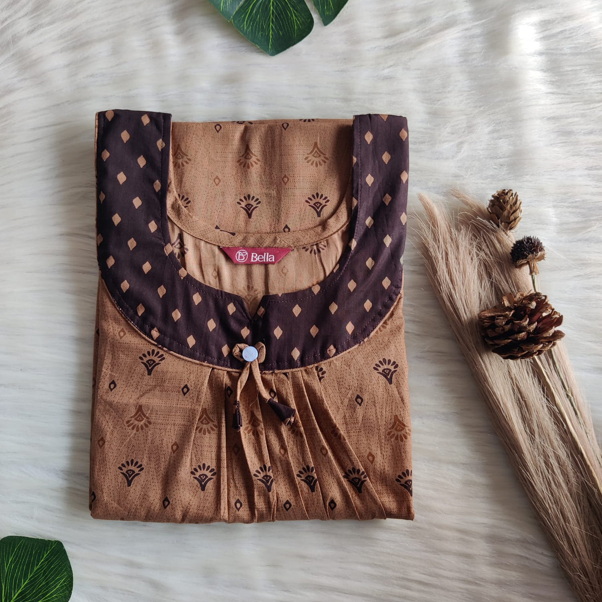 Dark And Pale Brown Printed Premium Cotton No Zip Pleated Nighty | Free Size | Chest Width 44″| Length 55″-56″