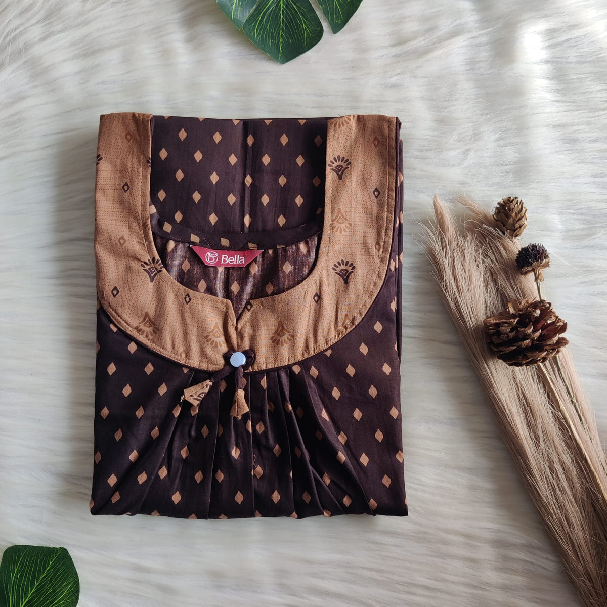Pale And Dark Brown Printed Premium Cotton No Zip Pleated Nighty | Free Size | Chest Width 44″| Length 55″-56″