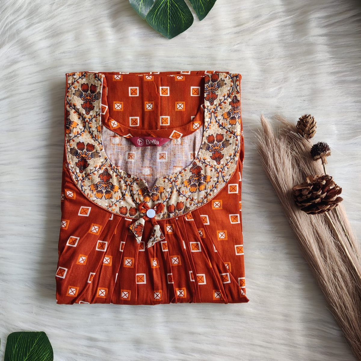 Cream And Rust Orange Printed Premium Cotton No Zip Pleated Nighty | Free Size | Chest Width 44″| Length 55″-56″