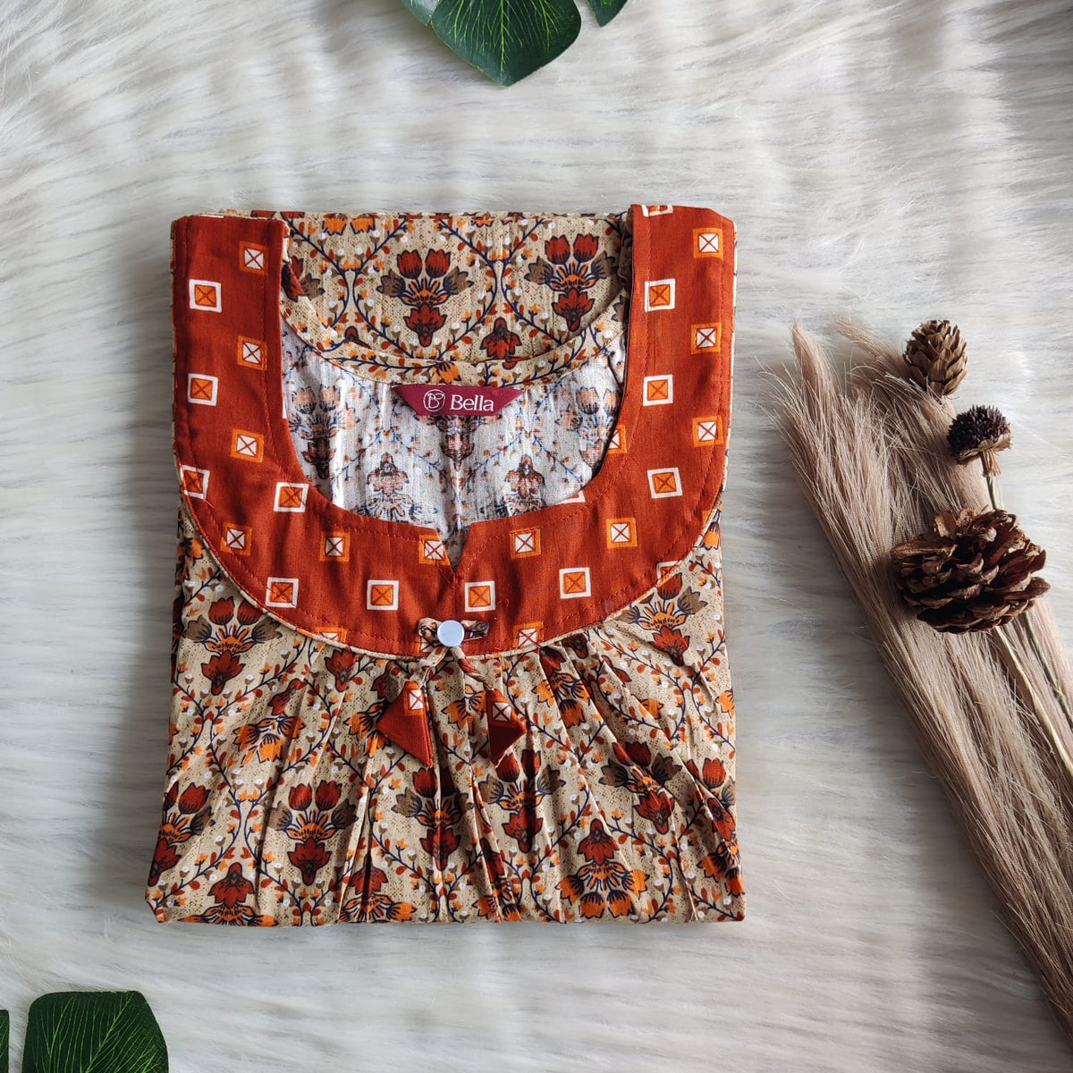 Rust Orange And Cream Printed Premium Cotton No Zip Pleated Nighty | Free Size | Chest Width 44″| Length 55″-56″