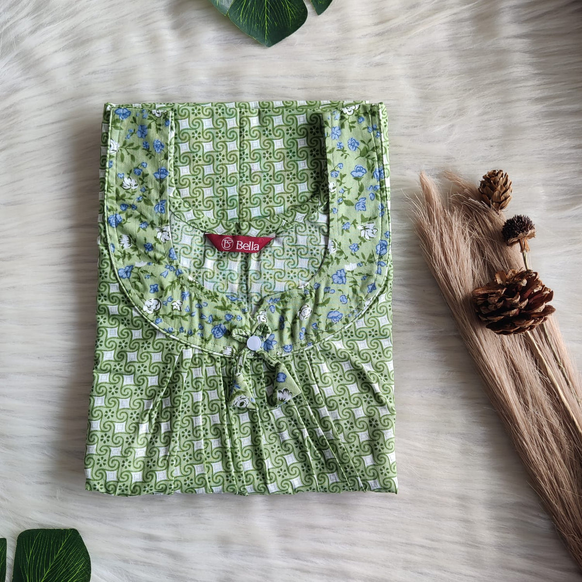 Blue And Green Printed Premium Cotton No Zip Pleated Nighty | Free Size | Chest Width 44″| Length 55″-56″