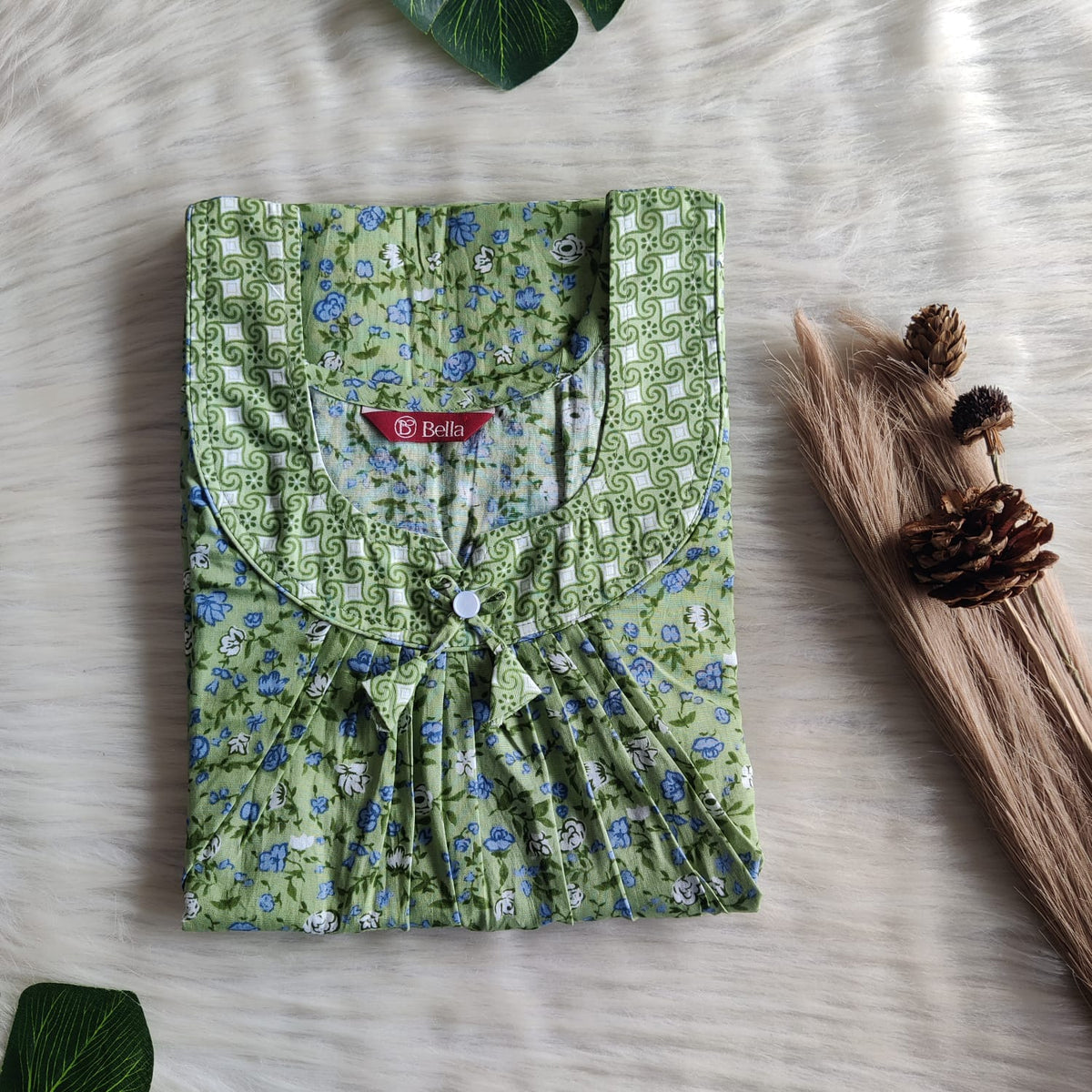 Green And Blue Floral Printed Premium Cotton No Zip Pleated Nighty | Free Size | Chest Width 44″| Length 55″-56″