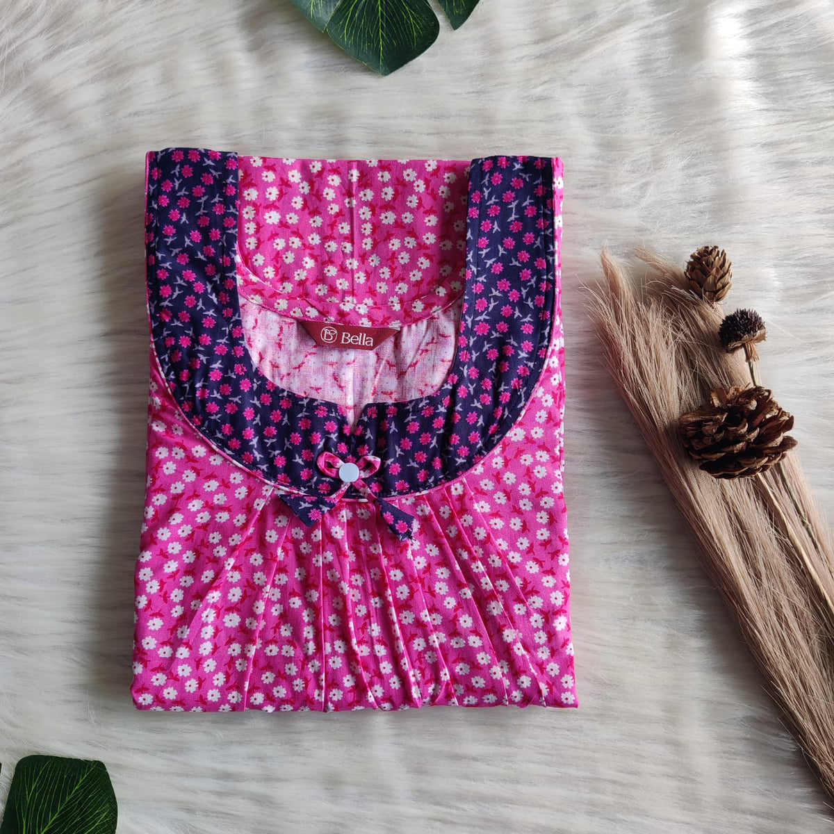 Navy Blue And Pink Printed Premium Cotton No Zip Pleated Nighty | Free Size | Chest Width 44″| Length 55″-56″