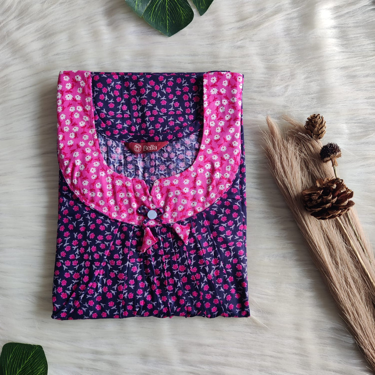 Pink And Navy Blue Floral Printed Premium Cotton No Zip Pleated Nighty | Free Size | Chest Width 44″| Length 55″-56″