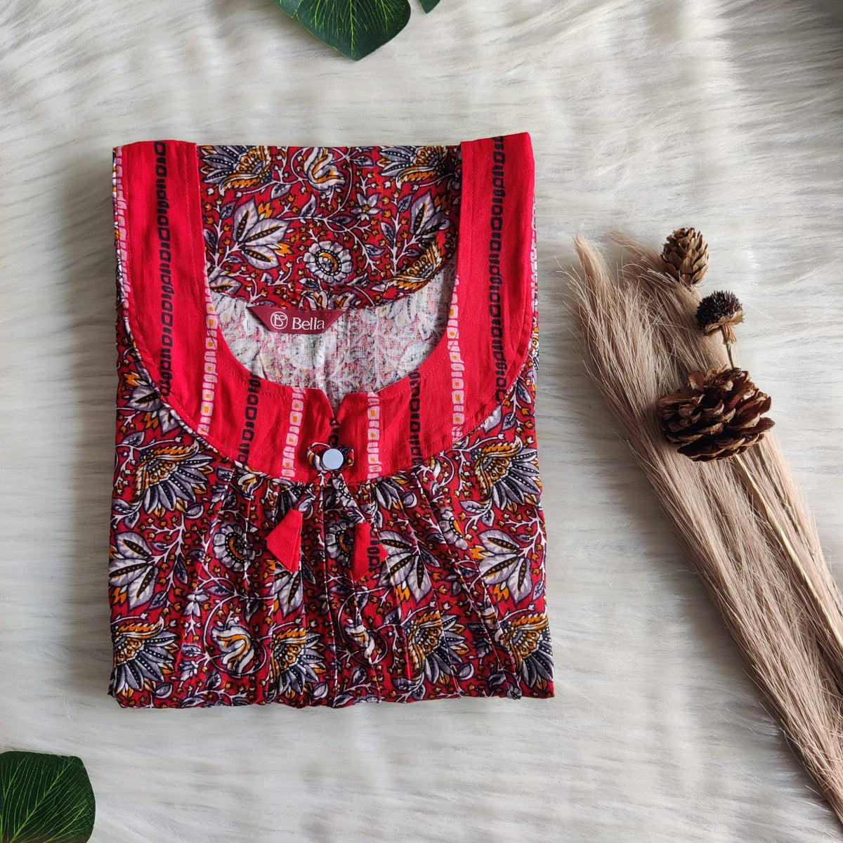 Red And Grey Printed Premium Cotton No Zip Pleated Nighty | Free Size | Chest Width 44″| Length 55″-56″