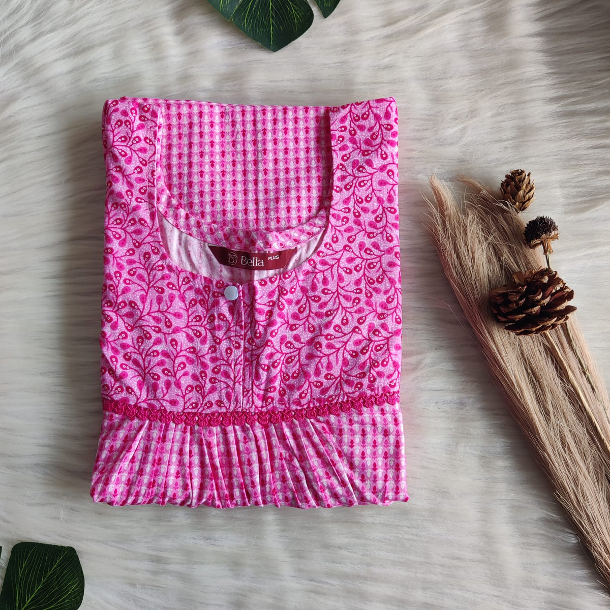 Pink And White Dot Printed Premium Cotton Plus Size Lace Nighty | Chest Width 50″| Length 56″