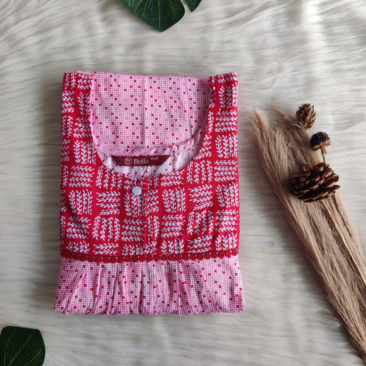 Dark And Pale Pink Printed Premium Cotton Plus Size Lace Nighty | Chest Width 50″| Length 56″
