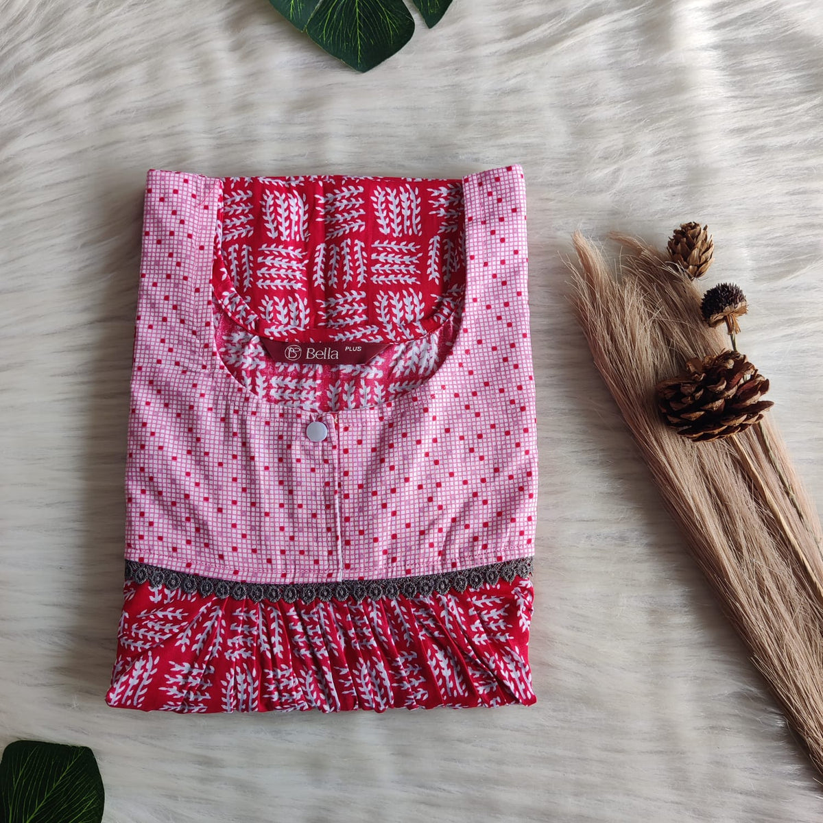 Pale And Dark Pink Printed Premium Cotton Plus Size Lace Nighty | Chest Width 50″| Length 56″