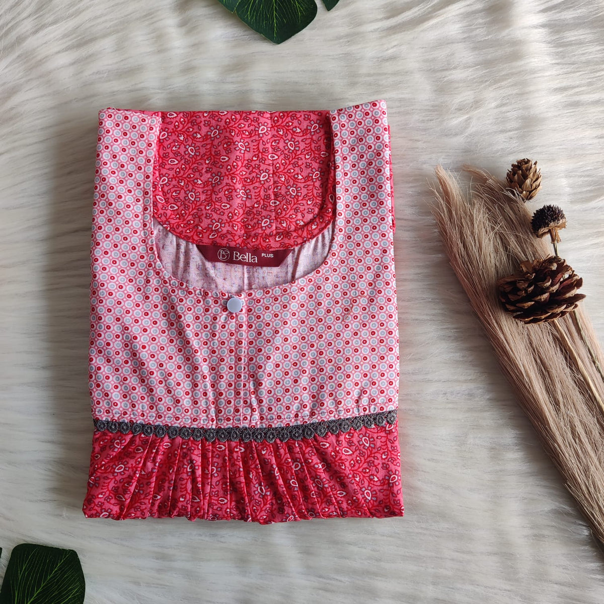 Pale And Dark Peach Printed Premium Cotton Plus Size Lace Nighty | Chest Width 50″| Length 56″