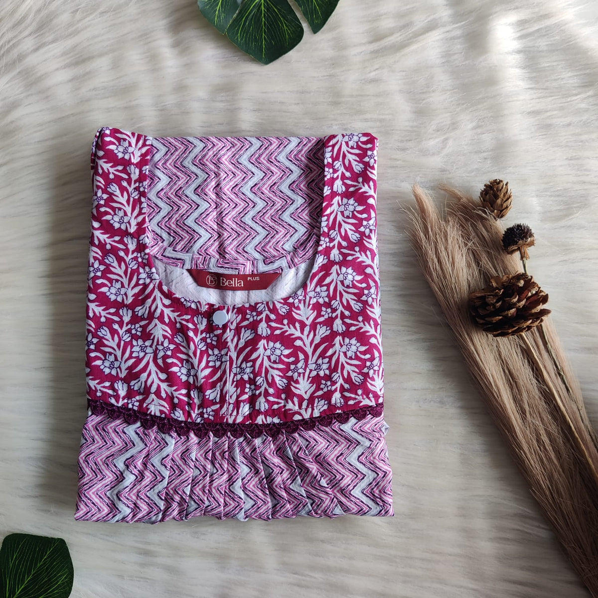Dark And Pale Maroon Zig Zag Printed Premium Cotton Plus Size Lace Nighty | Chest Width 50″| Length 56″