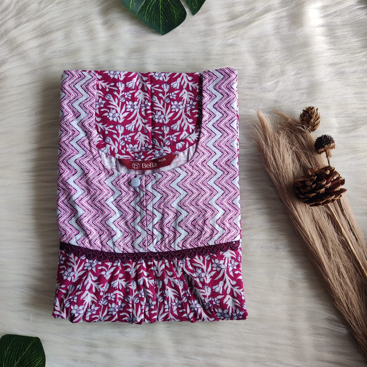 Pale And Dark Maroon Floral  Printed Premium Cotton Plus Size Lace Nighty | Chest Width 50″| Length 56″ (Copy)