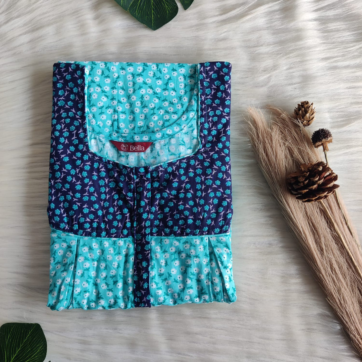 Dark And Pale Blue Floral Printed Premium Cotton Pleated Vertical Zip Feeding Nighty | Free Size | Chest Width 44″| Length 54″-56″