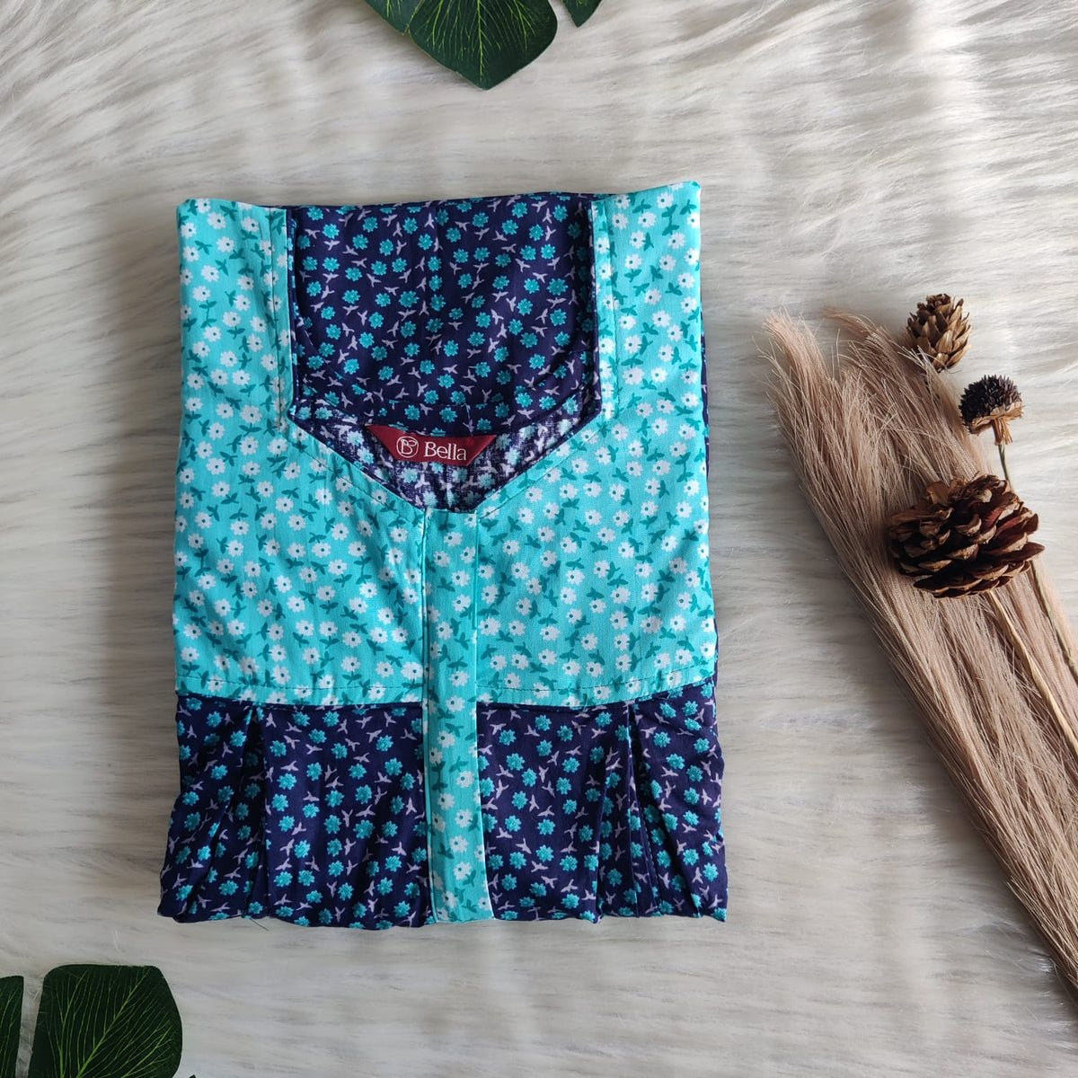 Pale And Dark Blue Printed Premium Cotton Pleated Vertical Zip Feeding Nighty | Free Size | Chest Width 44″| Length 54″-56″