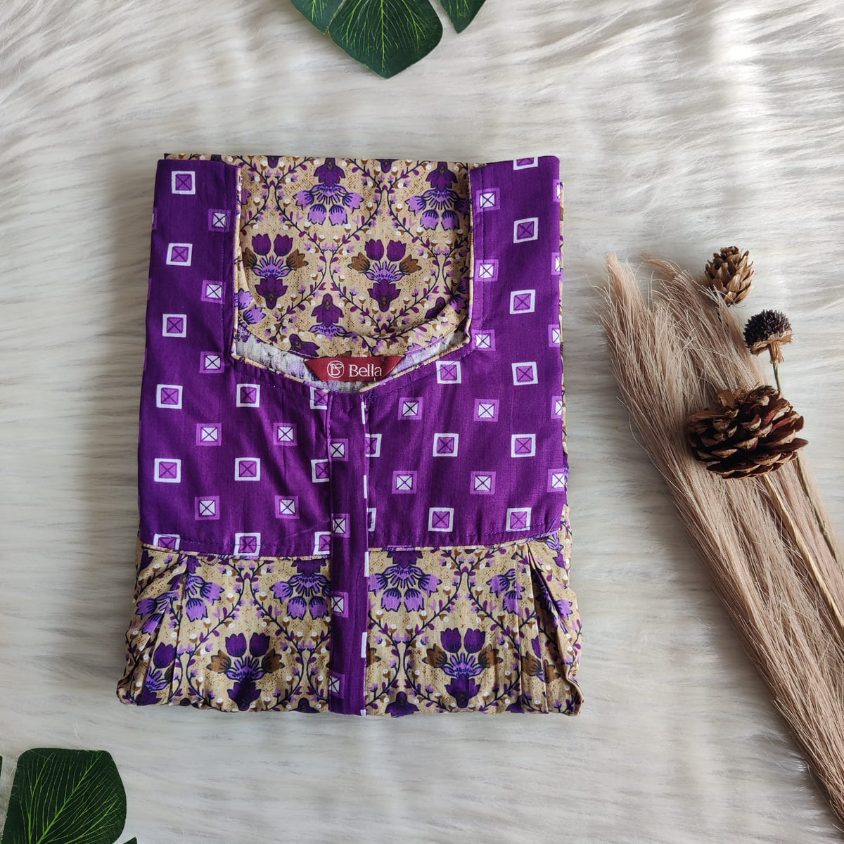 Violet And Cream Printed Premium Cotton Pleated Vertical Zip Feeding Nighty | Free Size | Chest Width 44″| Length 54″-56″