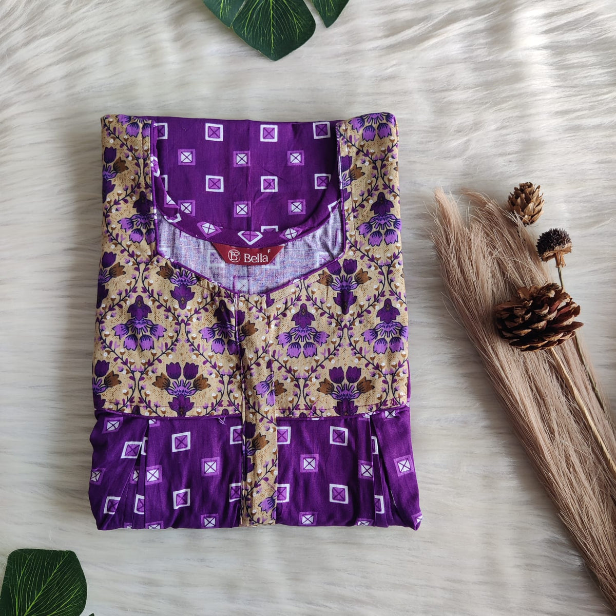 Cream And Violet Printed Premium Cotton Pleated Vertical Zip Feeding Nighty | Free Size | Chest Width 44″| Length 54″-56″