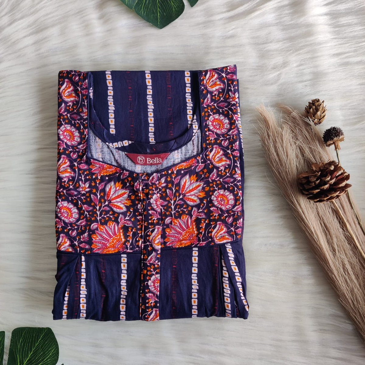 Orange And Navy Blue Printed Premium Cotton Pleated Vertical Zip Feeding Nighty | Free Size | Chest Width 44″| Length 54″-56″