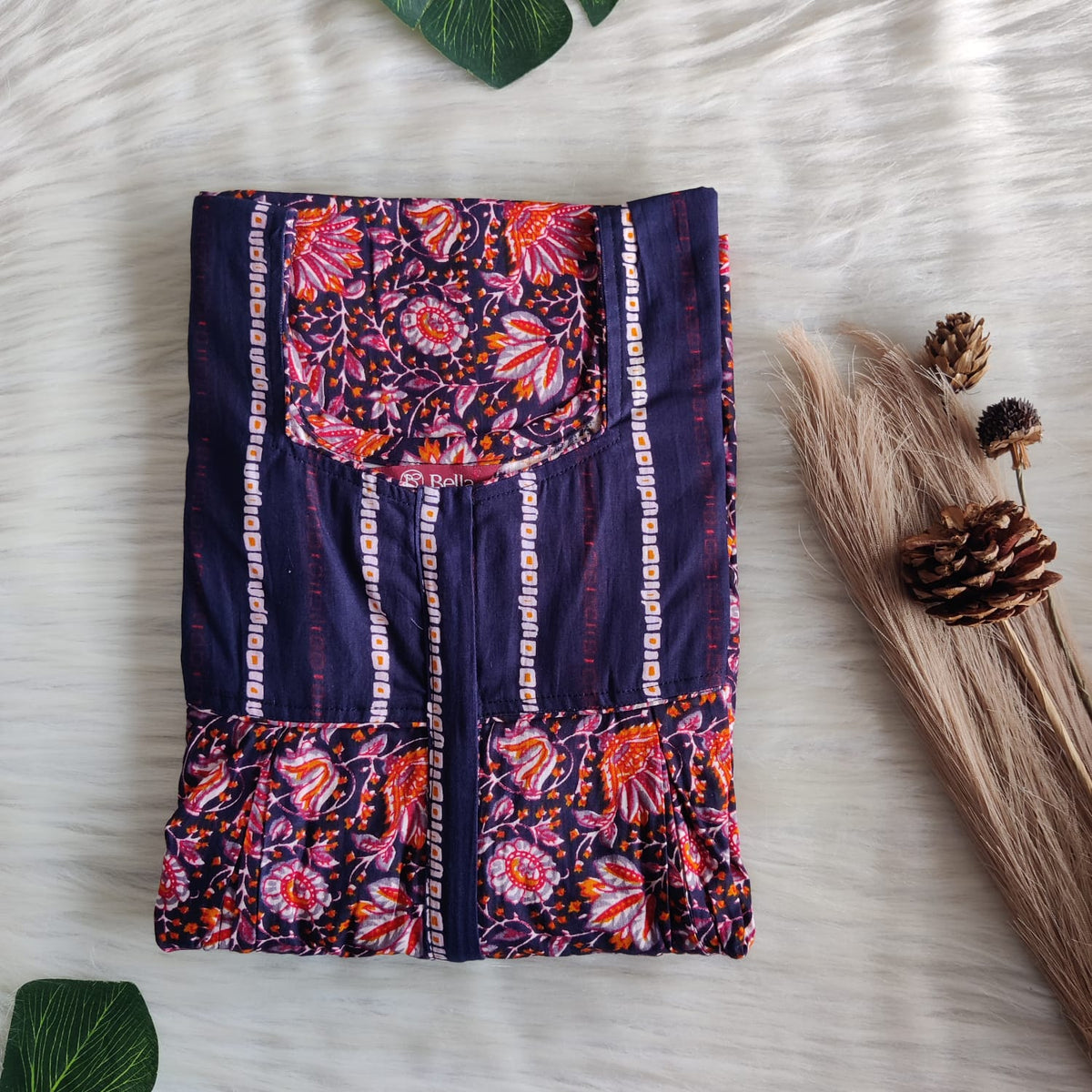 Navy Blue And Orange Printed Premium Cotton Pleated Vertical Zip Feeding Nighty | Free Size | Chest Width 44″| Length 54″-56″