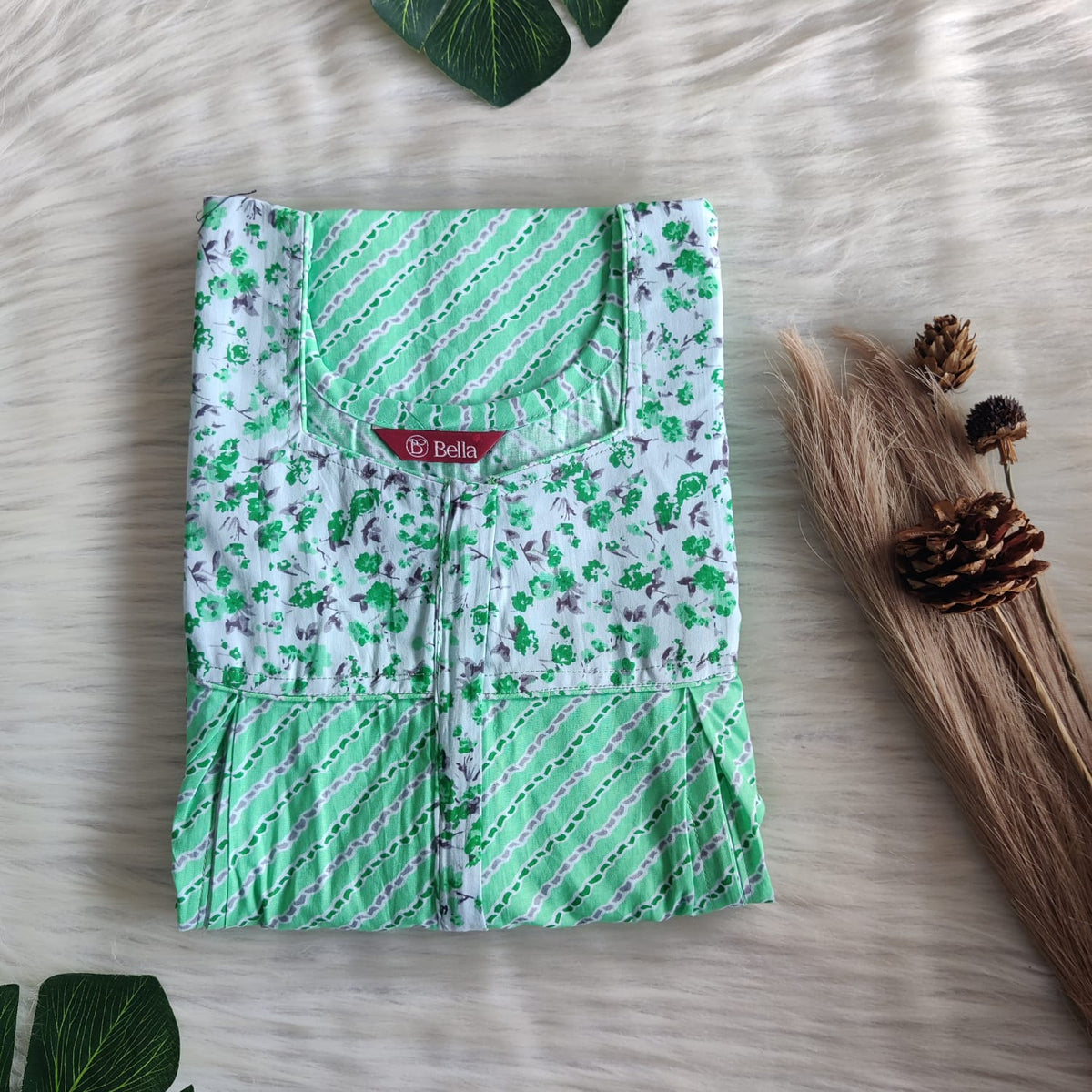 White And Green Printed Premium Cotton Pleated Vertical Zip Feeding Nighty | Free Size | Chest Width 44″| Length 54″-56″