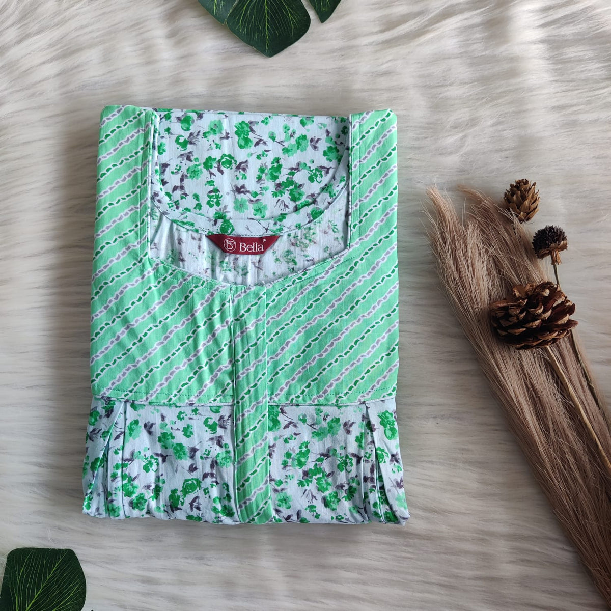 Green And White Printed Premium Cotton Pleated Vertical Zip Feeding Nighty | Free Size | Chest Width 44″| Length 54″-56″