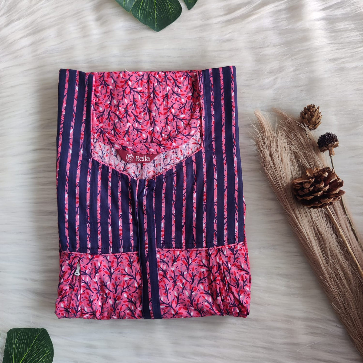 Navy Blue And Peach Printed Premium Cotton Pleated Vertical Zip Feeding Nighty | Free Size | Chest Width 44″| Length 54″-56″