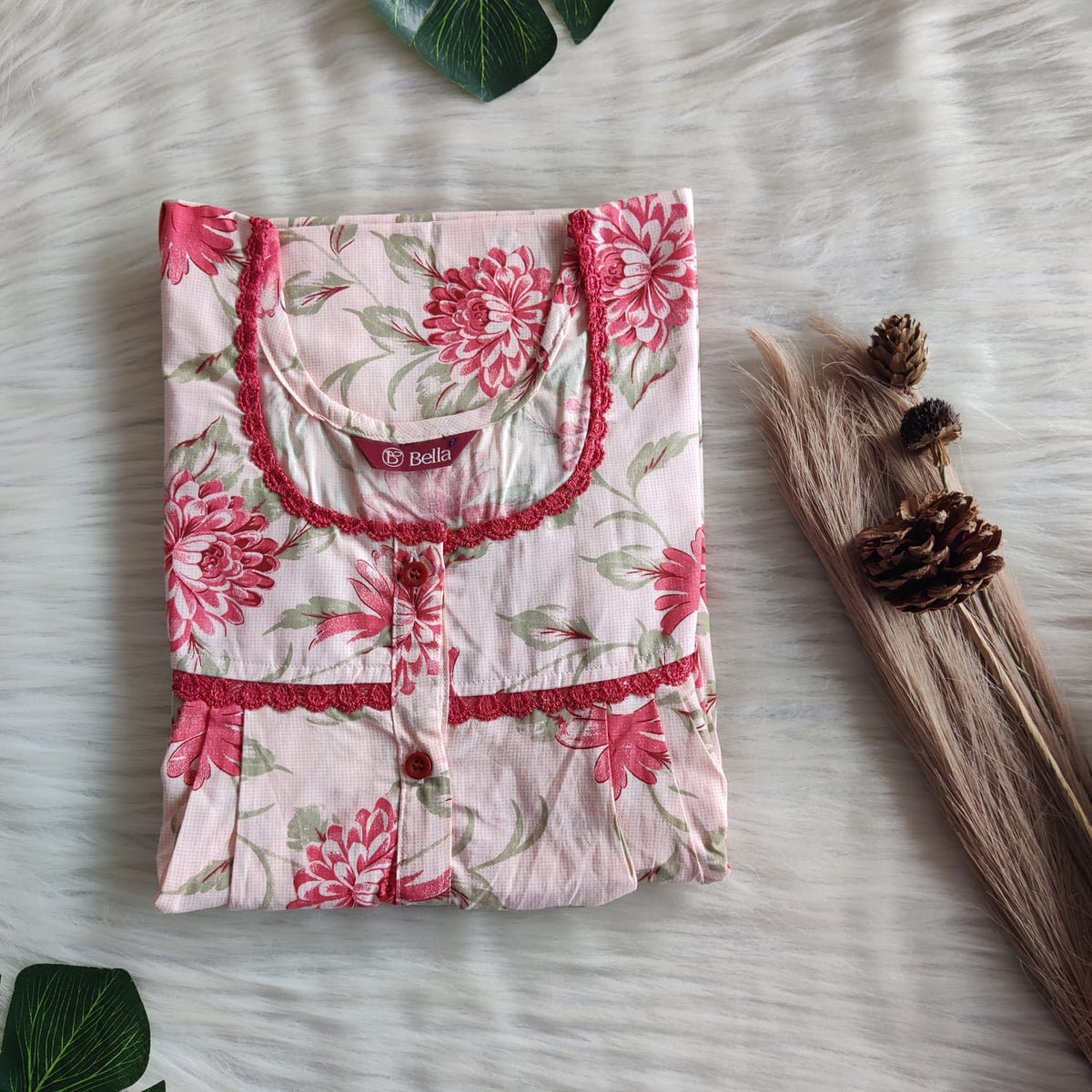 Peach Floral Printed Pure Cotton Plus Size Lace Button Nighty | Free Size | Chest Width 44"| Length 54"-56"