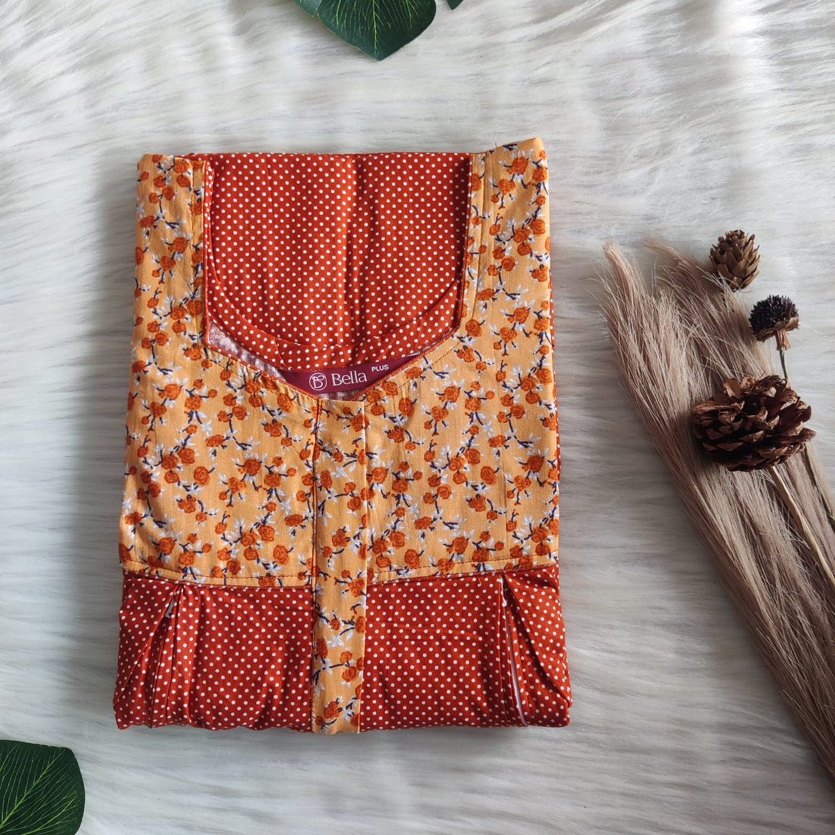 Pale And Dark Brown Printed Premium Cotton Plus Size Pleated Vertical Zip Feeding Nighty | Chest Width 50″| Length 56″