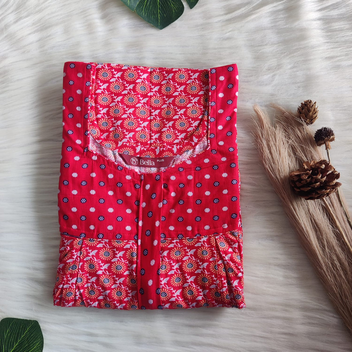 Red And Orange Floral Printed Premium Cotton Plus Size Pleated Vertical Zip Feeding Nighty | Chest Width 50″| Length 56″