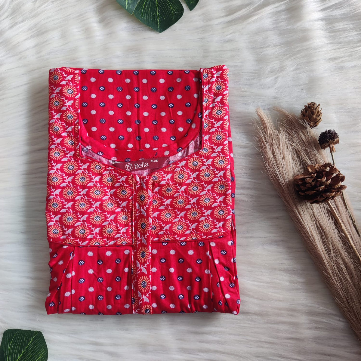 Orange And Red Floral Printed Premium Cotton Plus Size Pleated Vertical Zip Feeding Nighty | Chest Width 50″| Length 56″