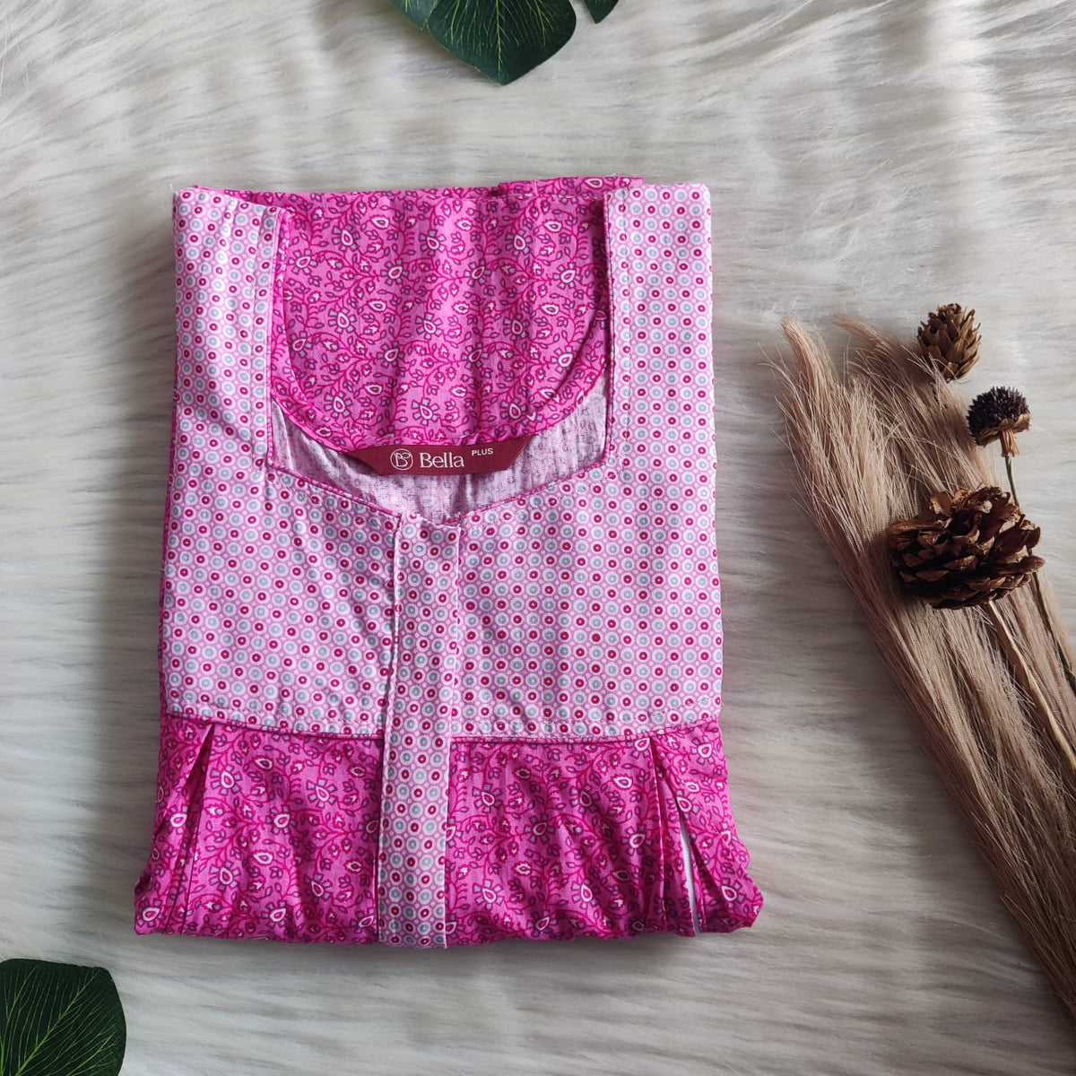 Pale And Dark Pink Printed Premium Cotton Plus Size Pleated Vertical Zip Feeding Nighty | Chest Width 50″| Length 56″