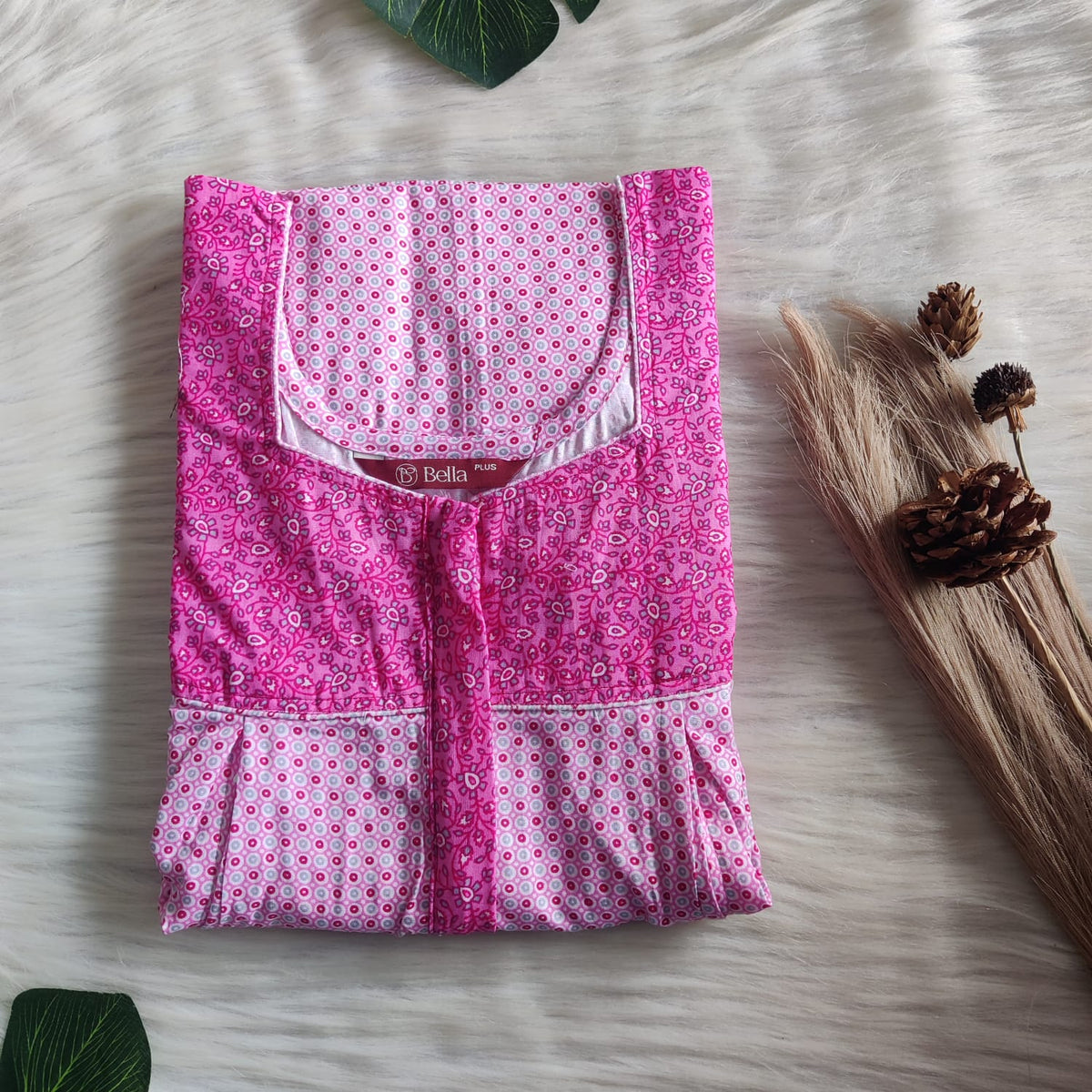 Dark And Pale Pink Printed Premium Cotton Plus Size Pleated Vertical Zip Feeding Nighty | Chest Width 50″| Length 56″