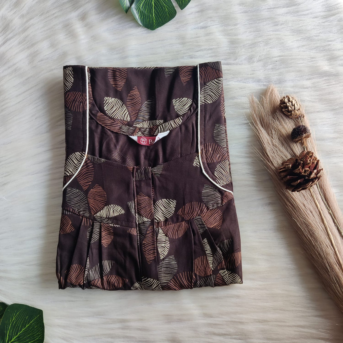 Coffee Brown Floral Printed Discharge Cotton Pleated Zip Nighty | Chest Width 44″ | Length 54″-55″