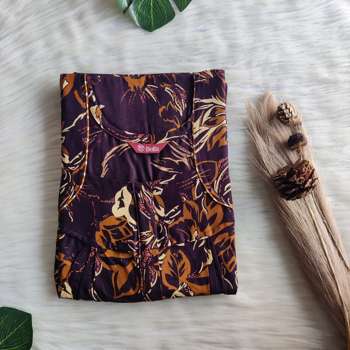 Brown Printed Wine  Discharge Cotton Pleated Zip Nighty | Chest Width 44″ | Length 54″-55″