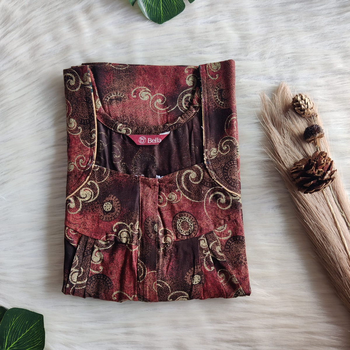 Red Printed Brown Discharge Cotton Pleated Zip Nighty | Chest Width 44″ | Length 54″-55″