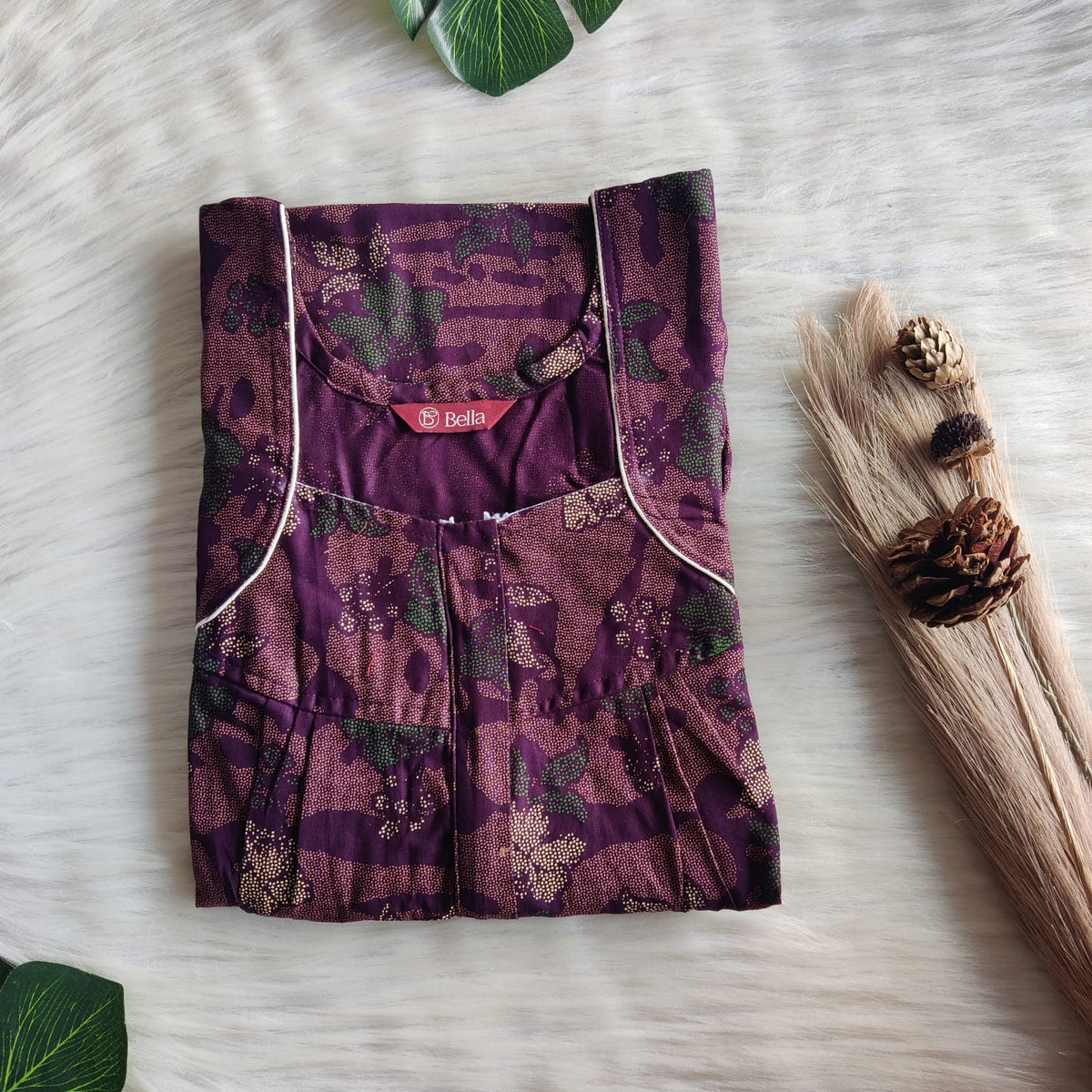 Cream Printed Wine Discharge Cotton Pleated Zip Nighty | Chest Width 44″ | Length 54″-55″
