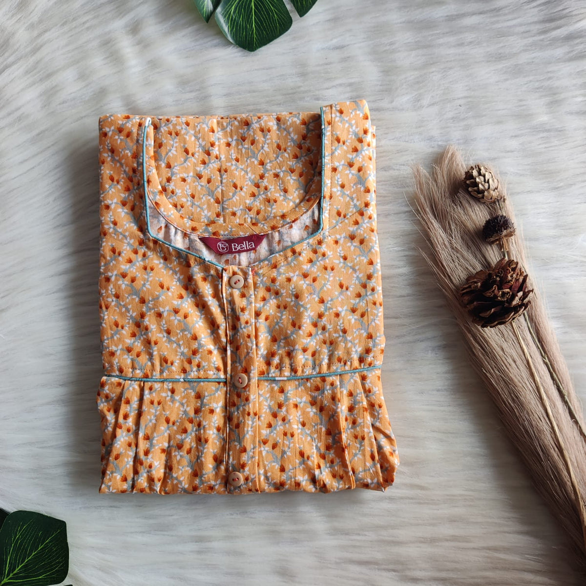 Pale Orange Printed Premium Cotton Button Zip Nighty | Free Size | Chest Width 44″| Length 55″-56″