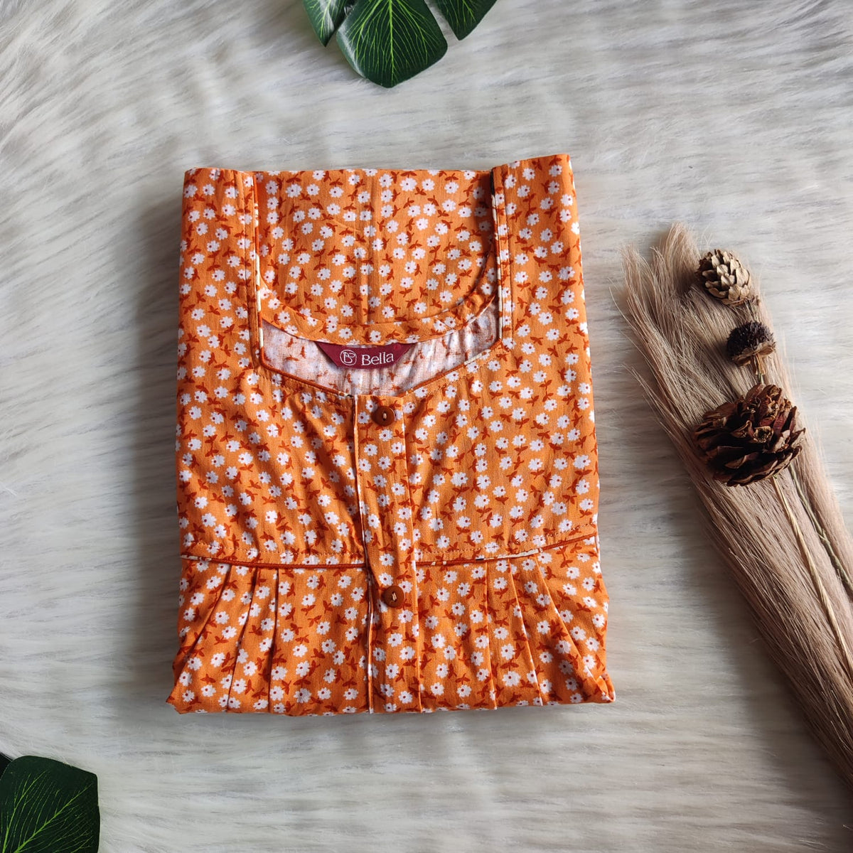 Orange Floral Printed Premium Cotton Button Zip Nighty | Free Size | Chest Width 44″| Length 55″-56″