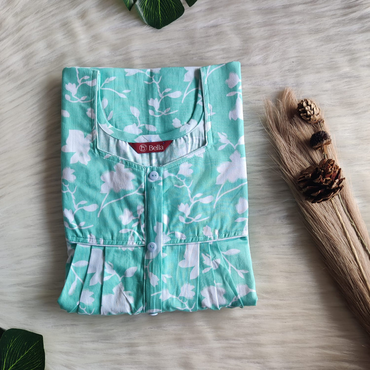 Aqua Green Printed Premium Cotton Button Zip Nighty | Free Size | Chest Width 44″| Length 55″-56″