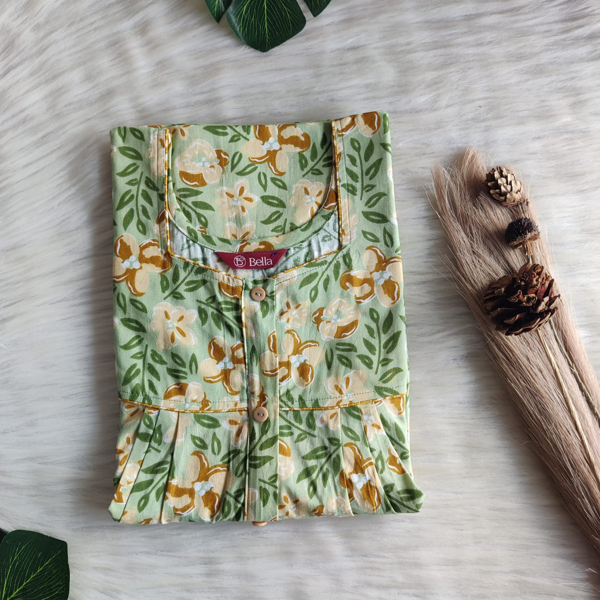 Yellow Floral Printed Green Premium Cotton Button Zip Nighty | Free Size | Chest Width 44″| Length 55″-56″