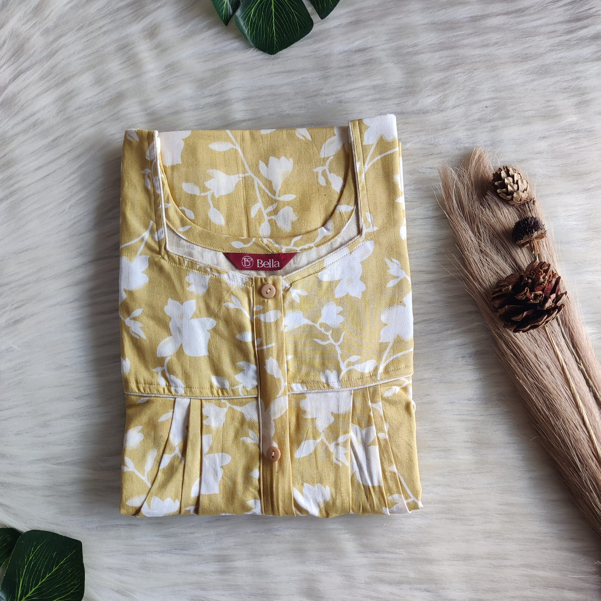 Pale Yellow  Printed Premium Cotton Button Zip Nighty | Free Size | Chest Width 44″| Length 55″-56″