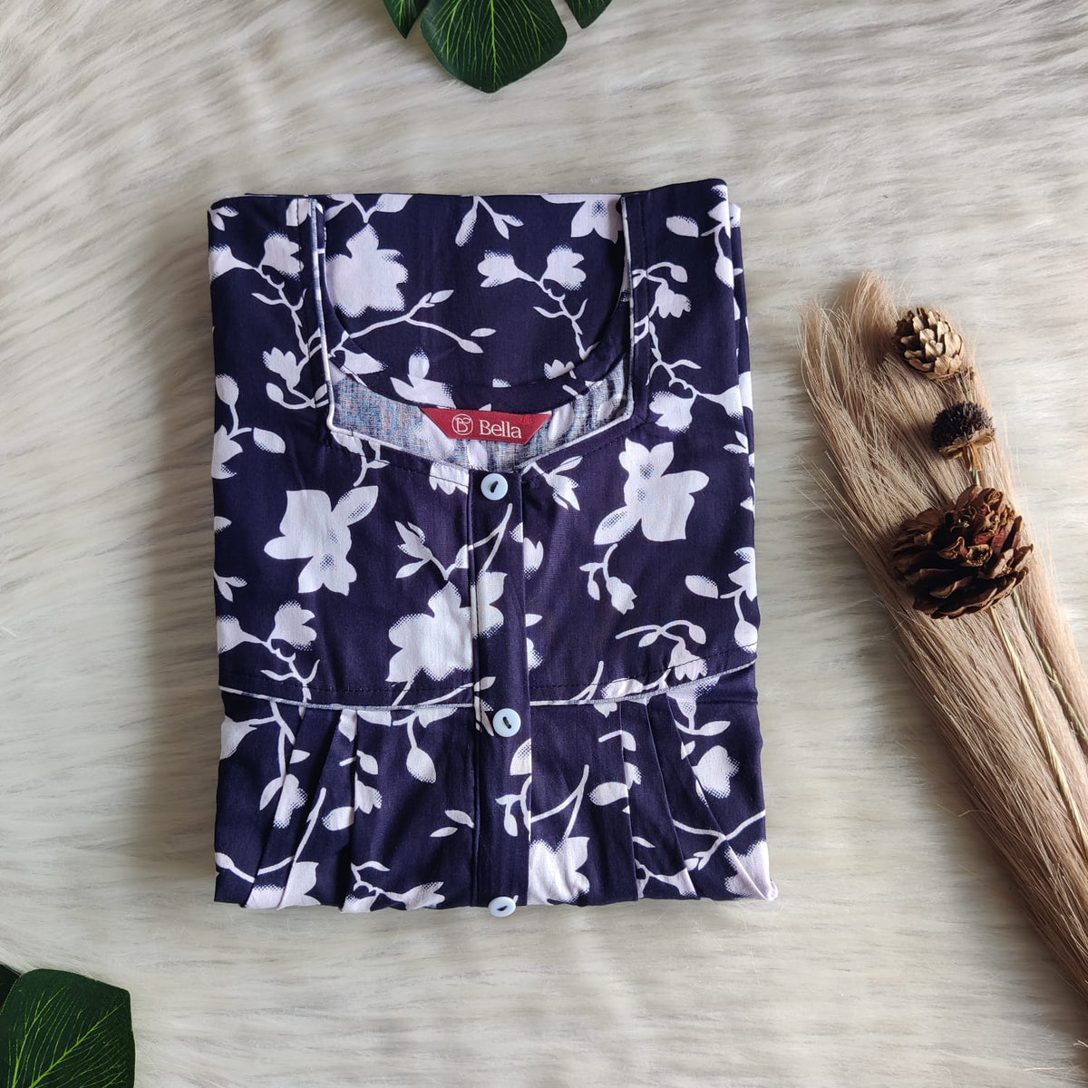Navy Blue Floral Printed Premium Cotton Button Zip Nighty | Free Size | Chest Width 44″| Length 55″-56″