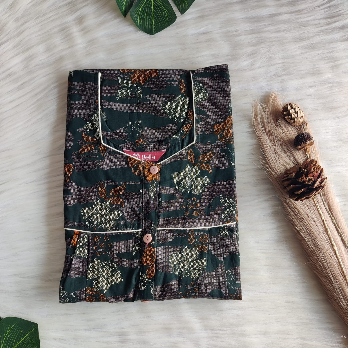 Orange Printed Green Discharge Cotton Button Zip Nighty | Free Size | Chest Width 44″| Length 55″-56″