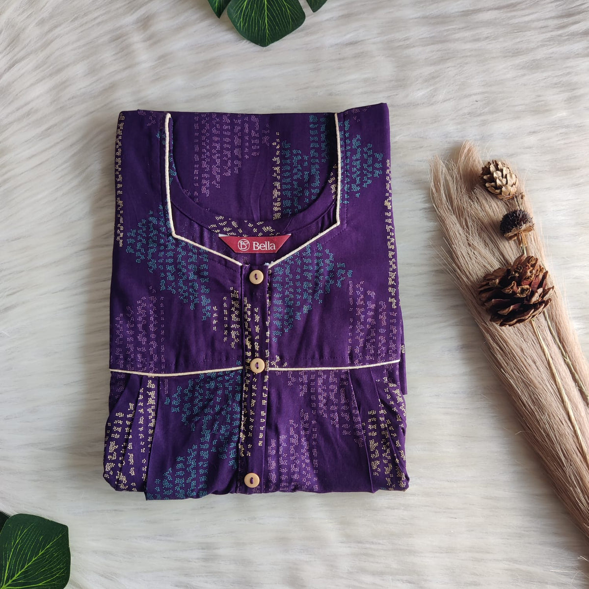 Purple Printed Discharge Cotton Button Zip Nighty | Free Size | Chest Width 44″| Length 55″-56″