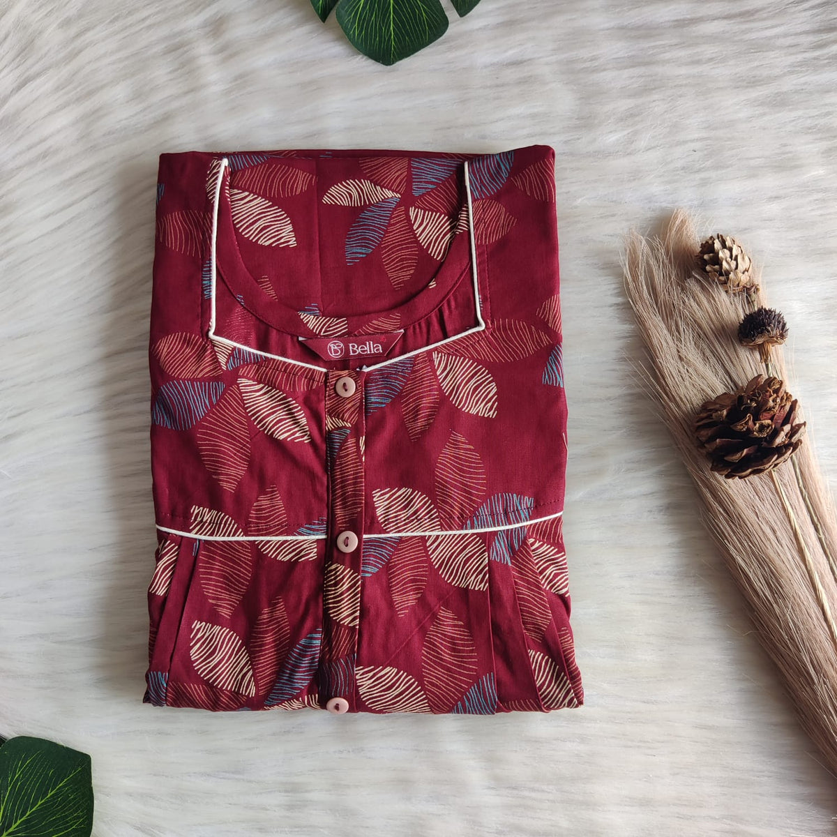 Cream Printed Maroon Discharge Cotton Button Zip Nighty | Free Size | Chest Width 44″| Length 55″-56″