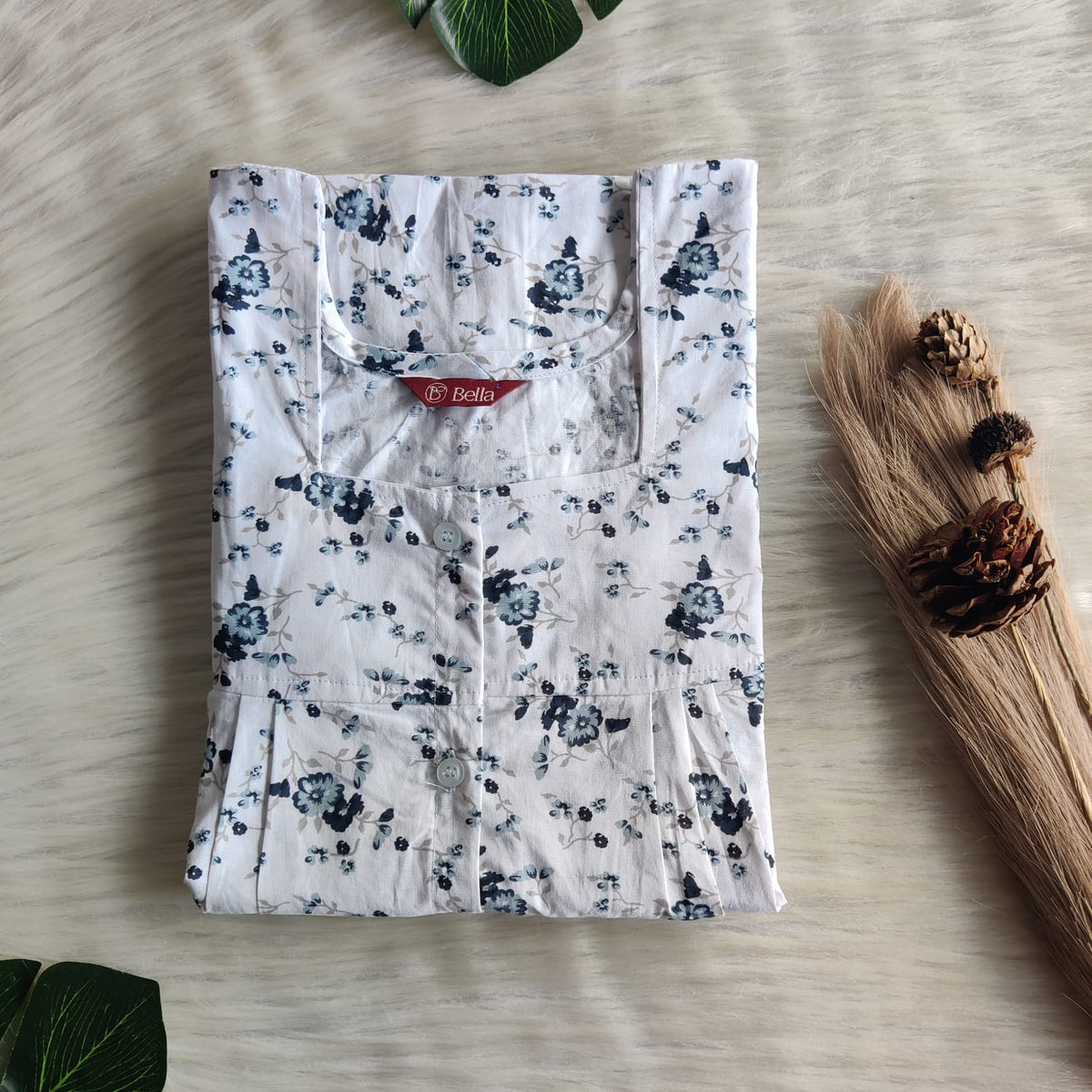 Grey Floral Printed White Pure Cotton Plus Size Full Open Labour Room Nighty | Free Size | Chest Width 44"| Length 54"-56"